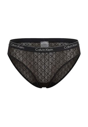 Schwarze Calvin Klein Mesh-Slips mit wiederholtem Logo-Muster und elastischem Bund, der mit weißem "Calvin Klein"-Schriftzug gebrandet ist.