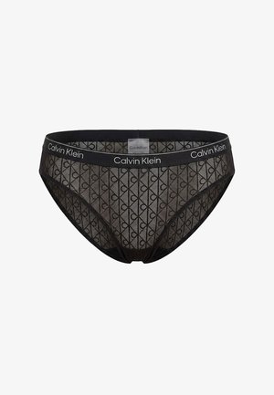 Schwarze Calvin Klein Mesh-Slips mit wiederholtem Logo-Muster und elastischem Bund, der mit weißem "Calvin Klein"-Schriftzug gebrandet ist.