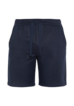 Dunkelblaue Shorts mit elastischem Bund, Kordelzug und Seitentaschen vor weißem Hintergrund.