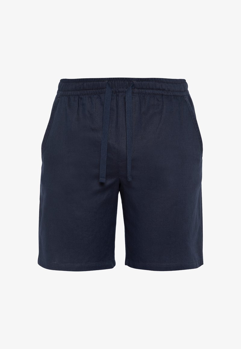 Short bleu marine avec ceinture élastique, cordon de serrage et poches latérales présenté sur fond blanc uni.