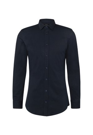 Herenoverhemd met lange mouwen in marineblauw, met knopen, een puntige kraag en met knopen sluitbare manchetten, weergegeven tegen een witte achtergrond.