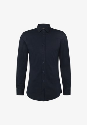 Herenoverhemd met lange mouwen in marineblauw, met knopen, een puntige kraag en met knopen sluitbare manchetten, weergegeven tegen een witte achtergrond.