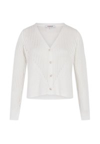 Cardigan bianco lavorato a maglia con scollo a V, caratterizzato da una chiusura con bottoni e un motivo a zigzag texture. Maniche lunghe e orlo corto.