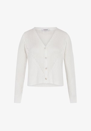 Weißer gestrickter Cardigan mit V-Ausschnitt, mit Knopfverschluss und strukturiertem Zickzackmuster. Lange Ärmel und verkürzter Saum.