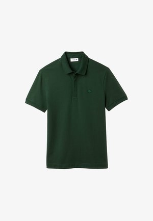 Polo shirt verde scuro in cotone, con colletto a camicia pieghevole, maniche corte e un logo ricamato discreto sul petto.
