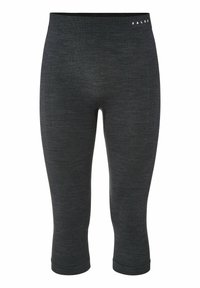 Leggings en gris oscuro, hechos de una tela texturizada, con una longitud a medio pantorrilla y una cinturilla elástica ancha con un detalle de logo.