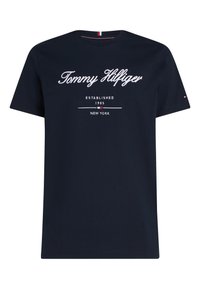 T-shirt bleu marine à manches courtes avec le texte "Tommy Hilfiger Established 1985 New York" et un petit logo drapeau sur la poitrine et la manche.