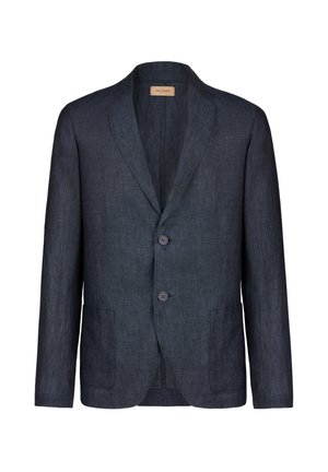 Donkerblauw linnen colbert met een gekerfde kraag, twee knopen en twee zakken aan de voorkant, met een gladde textuur en een minimalistisch ontwerp.