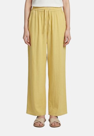 Personne portant un pantalon jaune ample avec une taille élastique et un cordon, associé à des sandales beige à brides croisées.