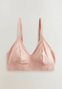 Padded bralette u mekom ružičastom satenu. Dizajn s V-izrezom, široka potpora ispod i podesive naramenice. Glatka tekstura s suptilnim šavovima.