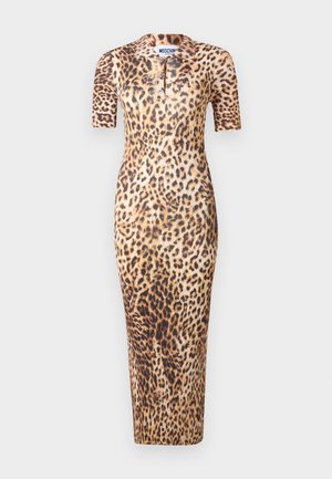 Vyötäröimellinen polvipituinen mekko, jossa on lyhyet hihat, leopardikuvio, poolokaulus ja napillinen etulista, merkiltään Moschino Jeans.