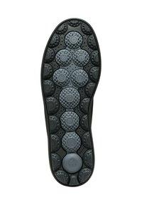 Suola di scarpa in gomma nera caratterizzata da motivi circolari e texture varie, tra cui rilievi e sezioni lisce, per migliorare la presa e il comfort.