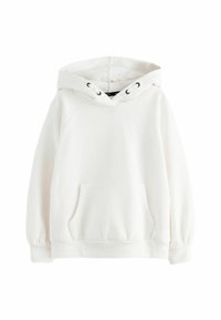 Felpa bianca con cappuccio, tasca a marsupio, polsini a costine e coulisse regolabile. Tessuto morbido con una texture liscia.