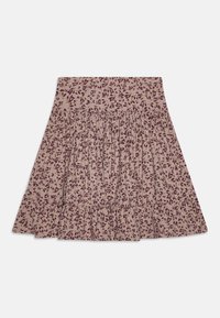 Blomstermønstret skjørt i lys beige med lilla blader. Har en rynket midje og fliker i kanten, laget av lett materiale.