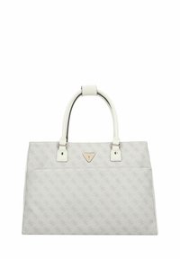 Bolso blanco con tejido texturizado que presenta un sutil patrón de logotipos. Forma estructurada con dos asas y una placa de logotipo en tono dorado.