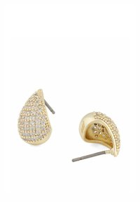 Goldfarbene Ohrstecker in Tropfenform mit kunstvollen Kristallverzierungen und glatter Oberfläche. Die Stifte sorgen für einen sicheren Sitz.