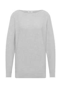 Jasnoszary sweter w prążki z szerokim dekoltem i długimi rękawami. Charakteryzuje się miękką fakturą i prostym wykończeniem na dole.