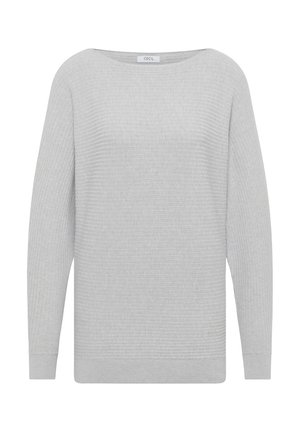 Vaaleanharmaa ribbipaita, jossa on leveä kaula-aukko ja pitkät hihat. Paita on pehmeätekstuurinen ja siinä on suora helma alhaalla.