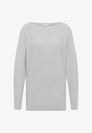 Lichtgrijze geribde trui met een brede halslijn en lange mouwen. Beschikt over een zachte textuur en een rechte zoom aan de onderkant.