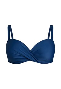 Top bikini blu navy, realizzato in tessuto liscio, con un design torcigliato sul davanti, spalline regolabili e supporto con ferretto.