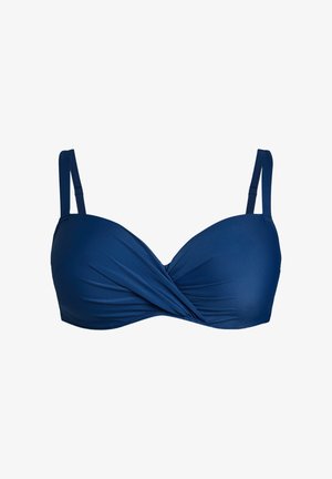 Bikini gornji dio u tamnoplavoj boji, izrađen od glatkog materijala, s uvijenim dizajnom sprijeda, podesivim trakama i potporom s izraženim žicom.