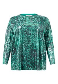 Grüner Pailletten-Top mit lockerer Passform, langen Ärmeln und Leopardenmuster. Der Stoff hat eine glänzende, strukturierte Oberfläche.