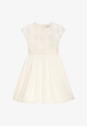 Weißes, kurzärmeliges Kleid mit bestickten Blumendesigns am Oberteil, tailliertem Schnitt und ausgestelltem, plissiertem Rock.