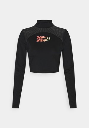 Czarna sportowa krótka bluza z długim rękawem, wysokim kołnierzem, siateczkowym karczkiem i kolorowym logo "Under Armour" na piersi.