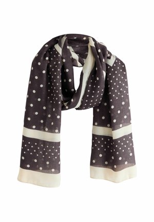 Dark scarf with white polka dots and wide white borders, loosely folded against a white background.