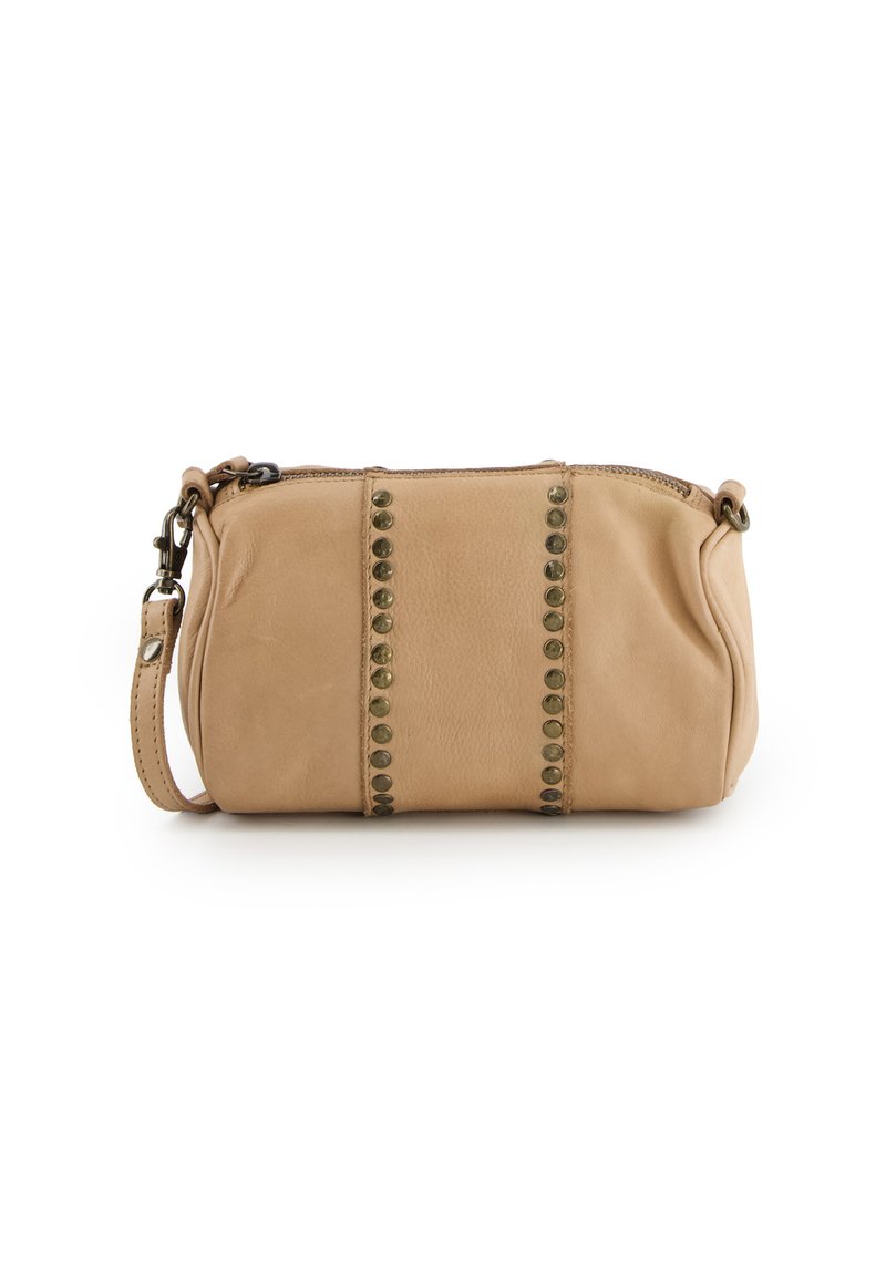 Tan leather bag with a rounded shape, featuring vertical rows of metallic studs and a detachable strap. Zipper closure on top.