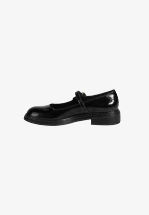 Zwarte leren Mary Jane schoenen met een ronde neus, een lage gestapelde hak en een dunne band over de wreef. Glanzende afwerking, eenvoudig ontwerp.