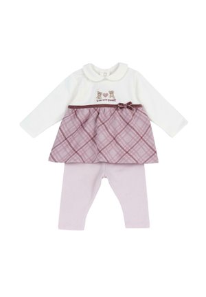 Baby-Outfit mit weißem Langarmshirt mit Teddybären und dem Schriftzug „you are sweet“, rosa kariertem Kleid-Overlay und passenden rosa Leggings.