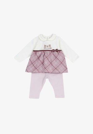 Baby-Outfit mit weißem Langarmshirt mit Teddybären und dem Schriftzug „you are sweet“, rosa kariertem Kleid-Overlay und passenden rosa Leggings.