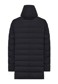 Sort polstret jakke med hætte, der har et quiltet design og en mellemlang længde. Glat tekstur uden synlige metaldele eller broderi.