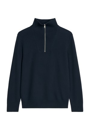 Marineblauer, gerippter Strickpullover mit langen Ärmeln und einem kurzen silbernen Reißverschluss an einem hohen Kragen.