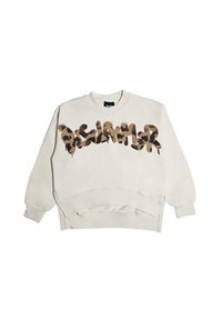 Felpa color crema con maniche lunghe, scollo a girocollo e testo audace in stile graffiti con stampa leopardata sul petto.