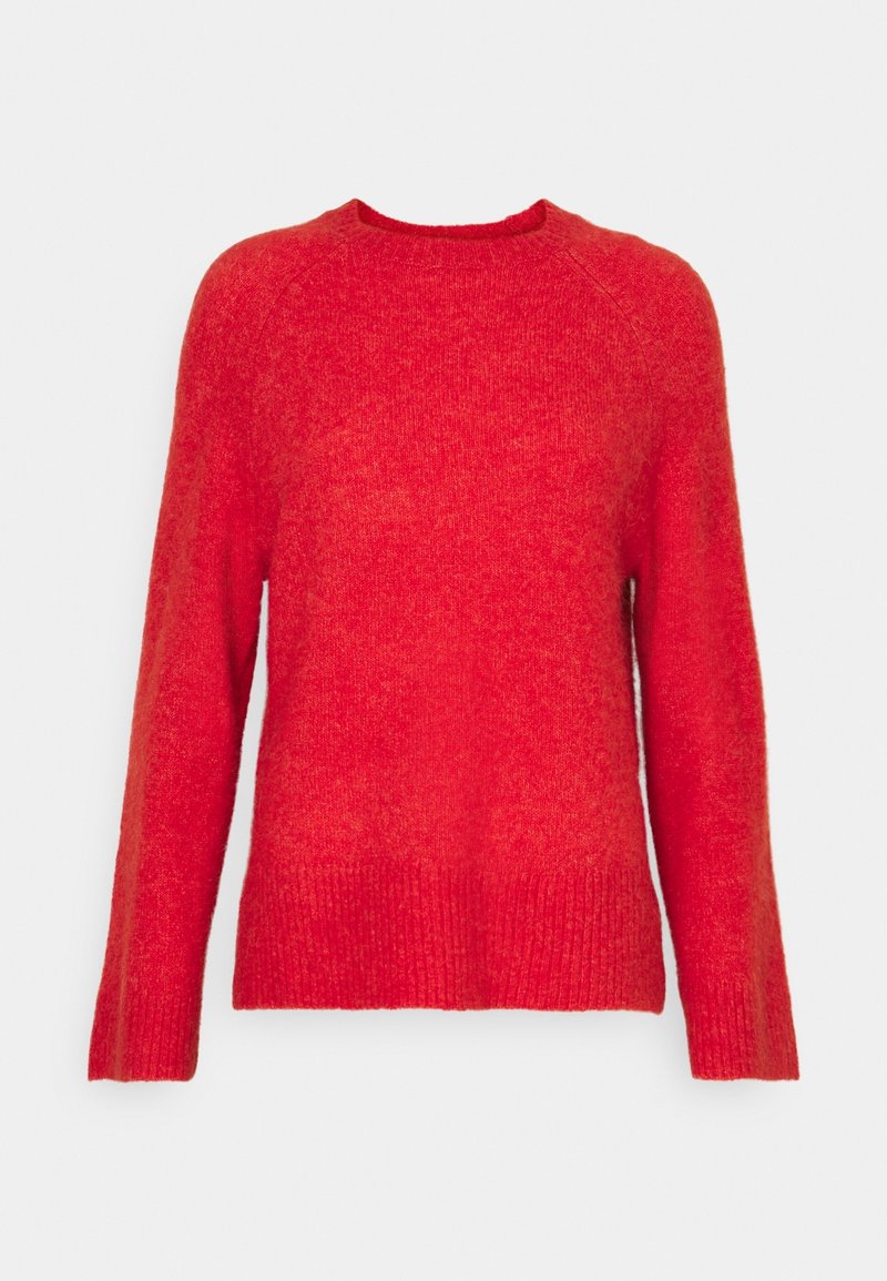 Pull rouge à manches longues col ras du cou, avec poignets et ourlet côtelés, fabriqué en tissu tricoté doux et duveteux.