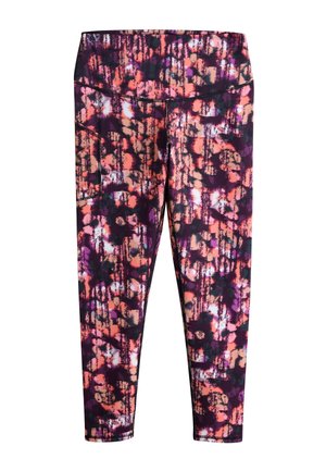Legginsy sportowe z wysokim stanem z abstrakcyjnym wzorem w odcieniach fioletu, koralu, beżu i czerni, z kieszenią boczną na lewej nodze.