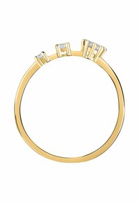 Goldring mit einem glatten Band, das drei rechteckige klare Steine in unterschiedlichen Höhen in einem minimalistischen Design zeigt.