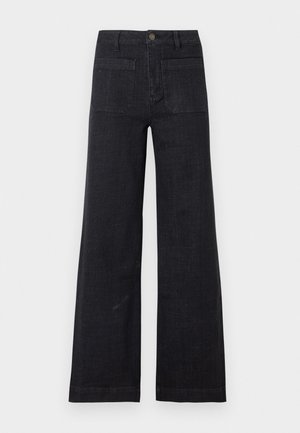 Black wide-leg denim pants with front patch pockets, belt loops, and button closure on a plain background.