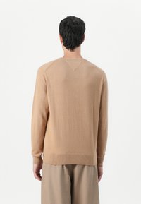 Beige trui met lange mouwen, geribbelde boorden en een ronde hals. Zachte textuur met een subtiele glans; eenvoudig ontwerp, zonder patronen of accenten.