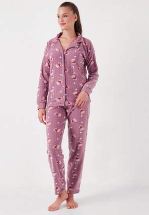 Loungewear set in soft purple fabric, featuring a striped texture and floral pattern. Includes a button-up top and matching pants.