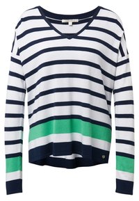 Marineblauw en witte gestreepte langemouwen V-hals trui, met een groene horizontale band op de taille en een lichte verlengde zoom.