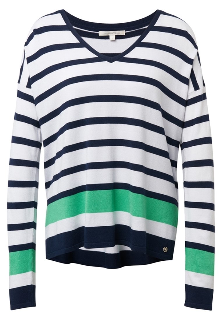 Marineblauw en witte gestreepte langemouwen V-hals trui, met een groene horizontale band op de taille en een lichte verlengde zoom.