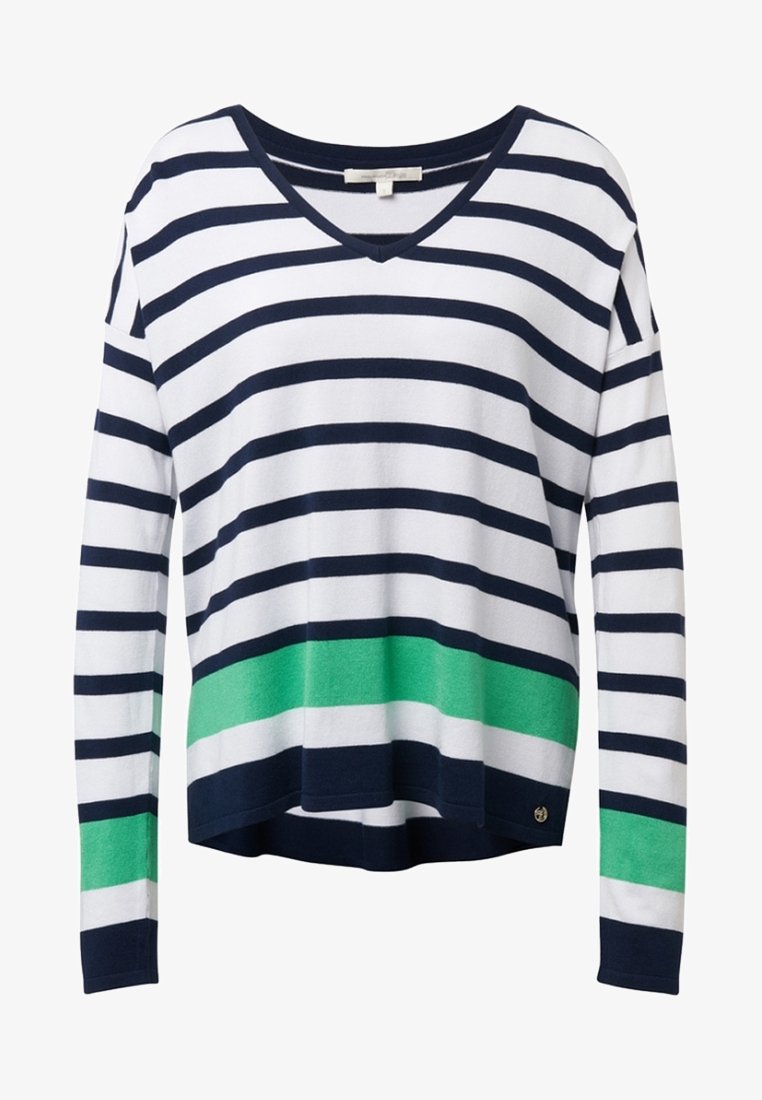 Marineblauw en witte gestreepte langemouwen V-hals trui, met een groene horizontale band op de taille en een lichte verlengde zoom.