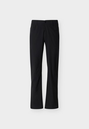 Mustat suorat housut, joissa on etutaskut, vyötärönauha vyölenkeillä ja nappikiinnitys, esillä yksinkertaisella vaalealla taustalla.