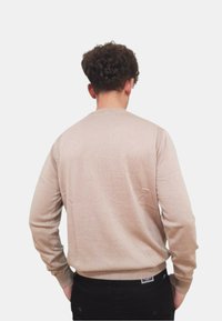 Maglione beige chiaro a maniche lunghe, con pattern a maglia testurizzato, colletto a giro e polsini a costine. Indossato con pantaloni neri, visto da dietro.