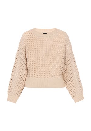 Austa dzija mīkstā bežā krāsā ar strukturētu, atvērtu audumu un ribotām piedurknēm un apmale. Iezīmē klasisku apaļu kaklu un īsu garumu.