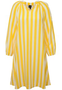 Abito a righe gialle e bianche con maniche lunghe arricciate, scollatura a V e una forma A-line ampia. Realizzato in tessuto leggero.