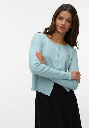 Tânără cu păr lung și șaten, purtând un cardigan bleu cu nasturi și o fustă neagră cu talie înaltă, cu brațele încrucișate, expresie neutră.